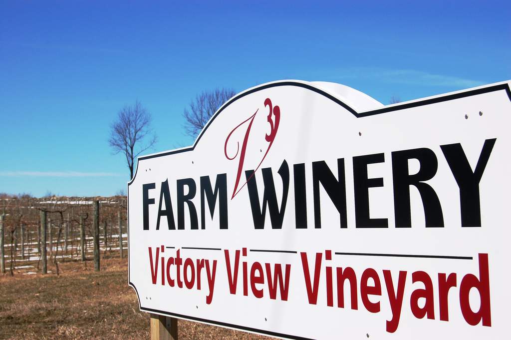 Victory View Vineyard's road sign - a New York State farm winery.
