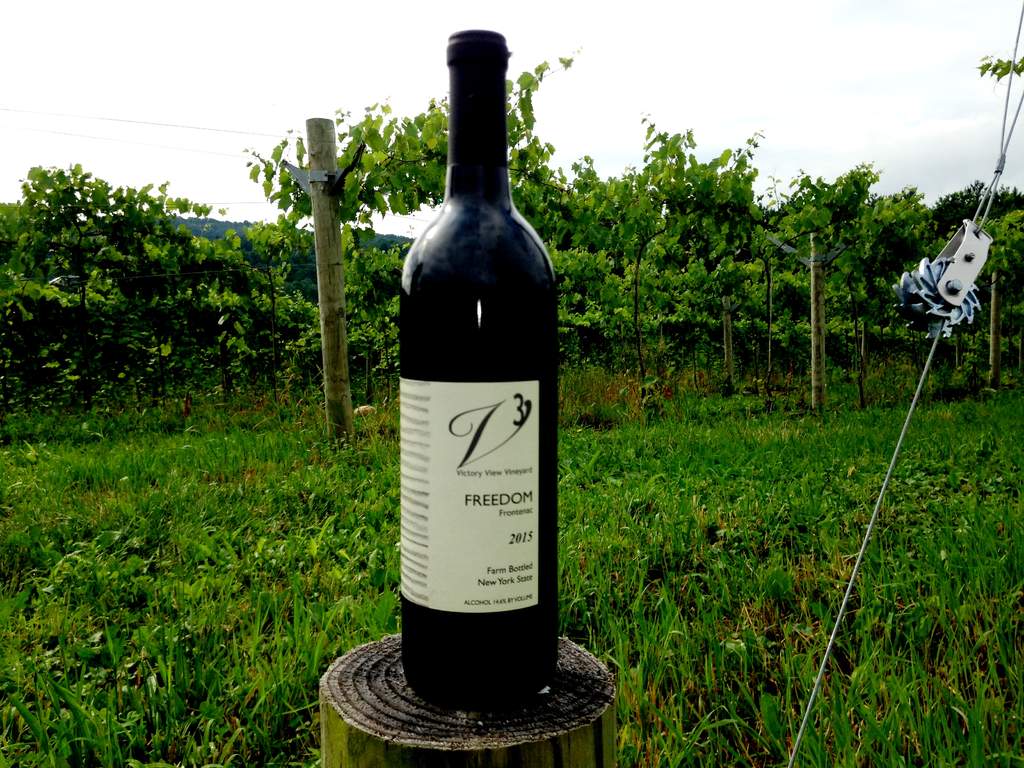 A bottle of Freedom in the vineyard - crafted with frontenac grapes.