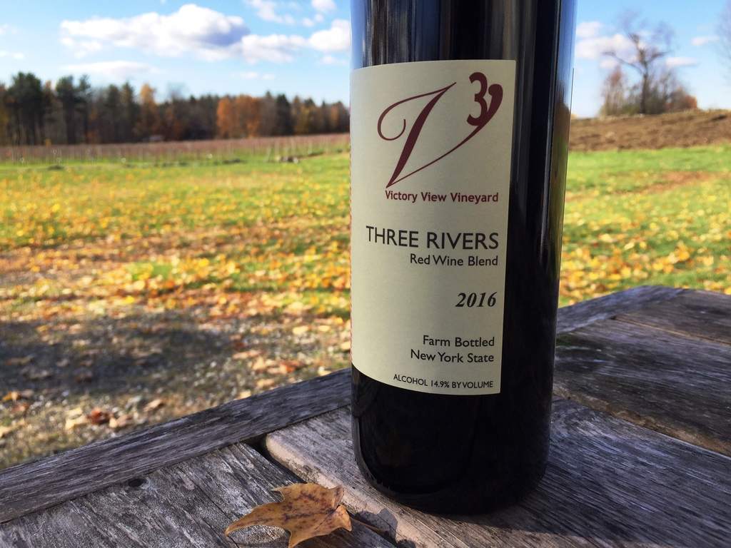 Victory View Vineyard's Three Rivers red blend release on November 11, 2018. Photo shows bottle.
