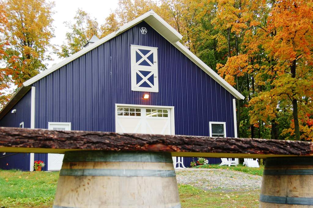 Our rustic outdoor bar - a pine slab on barrels.